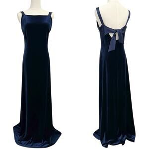 Vintage Plaza South Blue Velvet Bow Square Neck Gown Maxi Dress 6